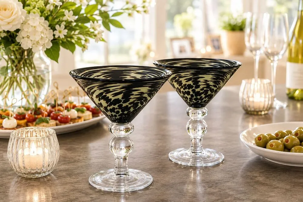Vintage Pier 1 Imports Set of 2 Brown Swirl Martini Glasses Art Glass Tan
